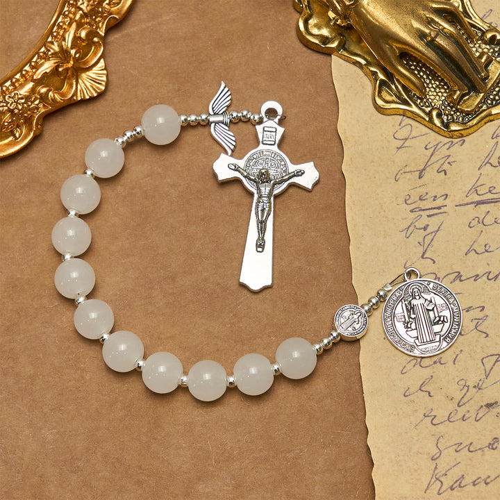Christianartworkshop White Crystal Pocket Rosary for Travel & Daily Prayers with St. Benedict & Angel Blessings - image 3