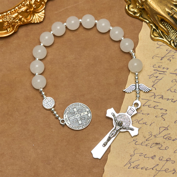 Christianartworkshop White Crystal Pocket Rosary for Travel & Daily Prayers with St. Benedict & Angel Blessings - St. Benedict & Crucifix - image 0