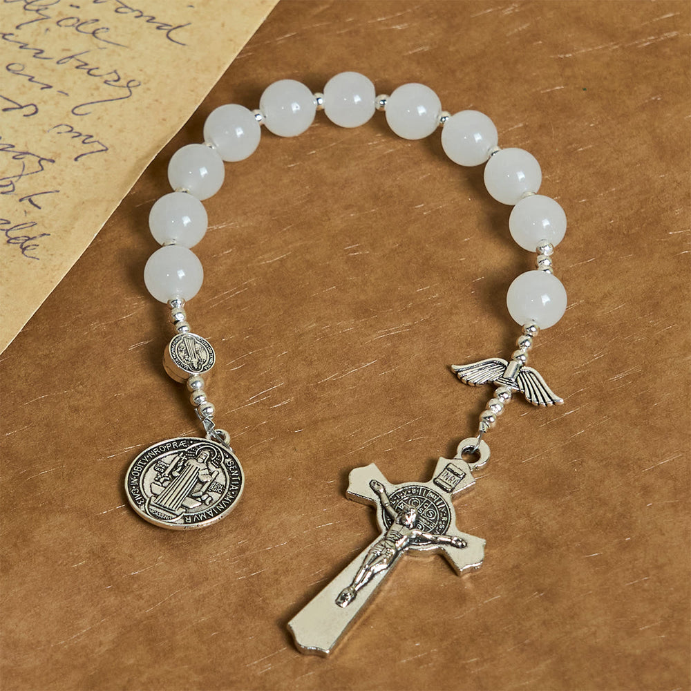 Christianartworkshop White Crystal Pocket Rosary for Travel & Daily Prayers with St. Benedict & Angel Blessings - image 1