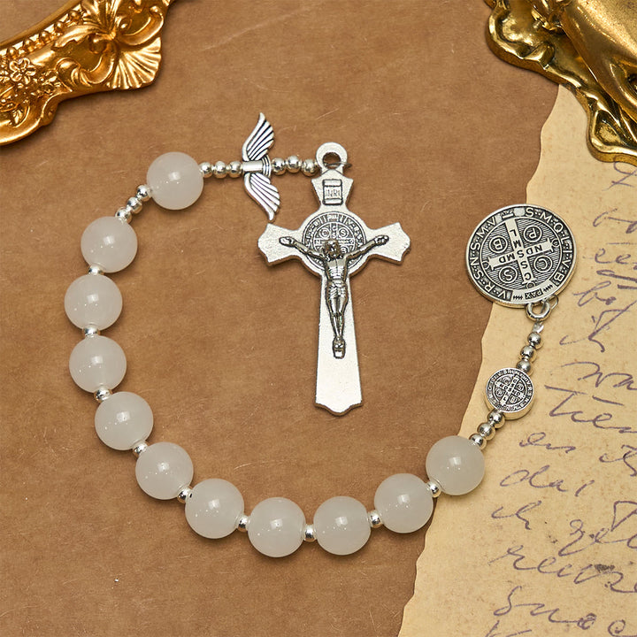 Christianartworkshop White Crystal Pocket Rosary for Travel & Daily Prayers with St. Benedict & Angel Blessings - image 2