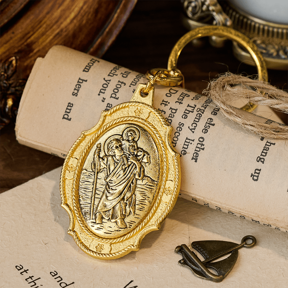 Christianartworkshop Intricately Carved Multicolor St. Christopher Keychain: Based Companion for Safe Travels - A - image 1