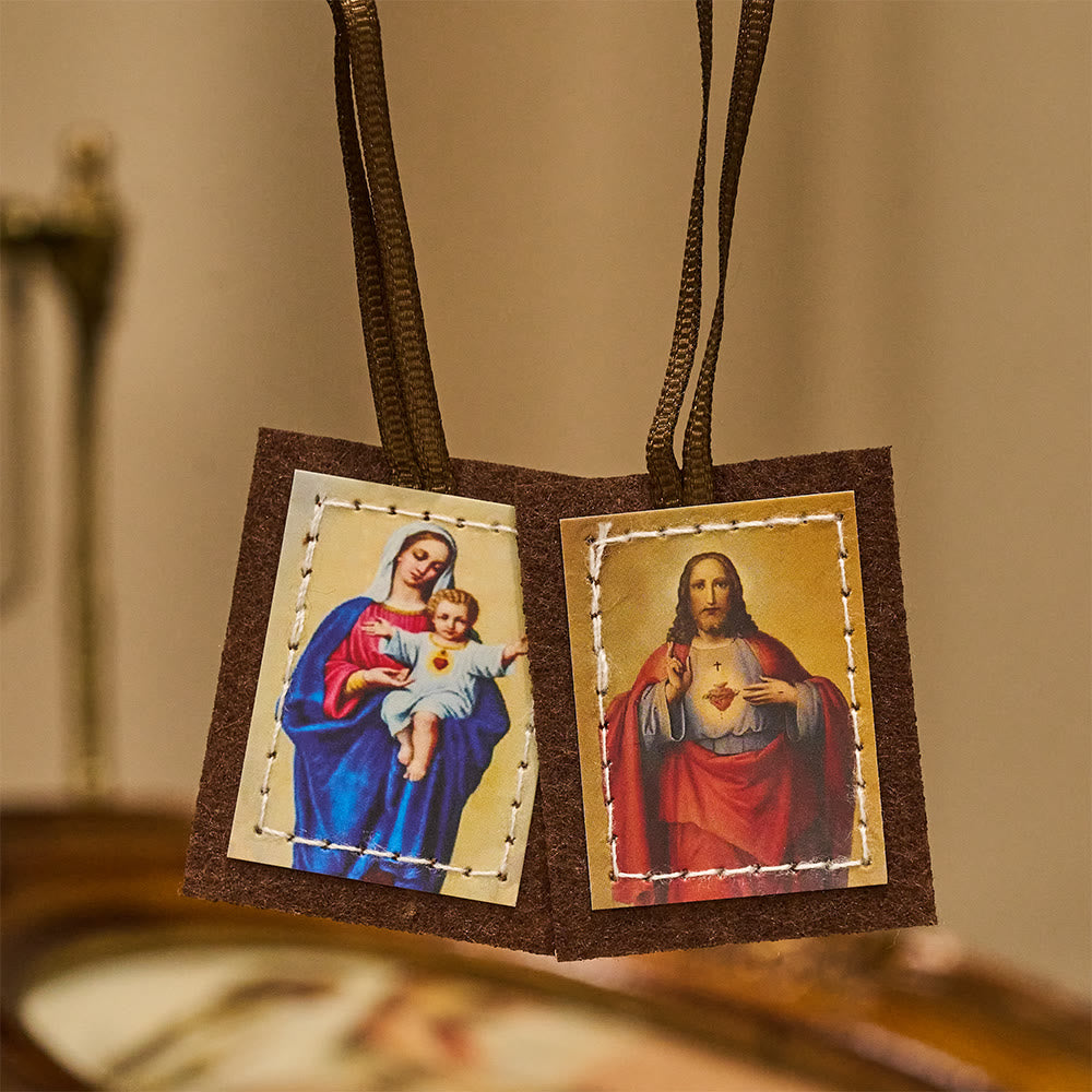 Christianartworkshop Blessed Brown Wool Scapular of Sacred Heart of Jesus and Virgin Mary - Scapular - image 0