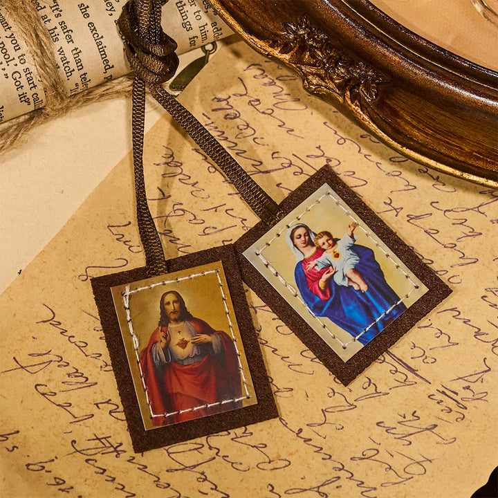 Christianartworkshop Blessed Brown Wool Scapular of Sacred Heart of Jesus and Virgin Mary - image 4