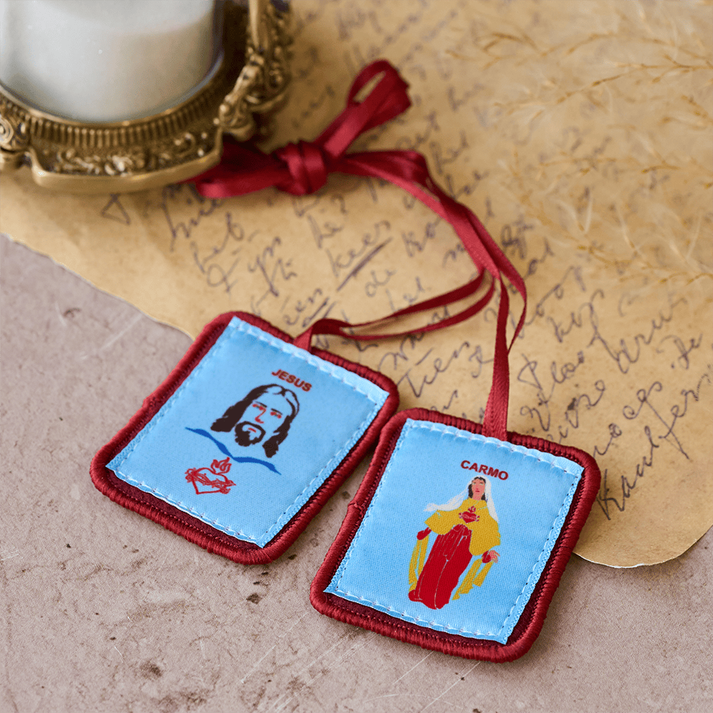 Christianartworkshop Red Catholic Scapular of Our Lady of Mount Carmels & Jacred Heart of Jesus - image 1