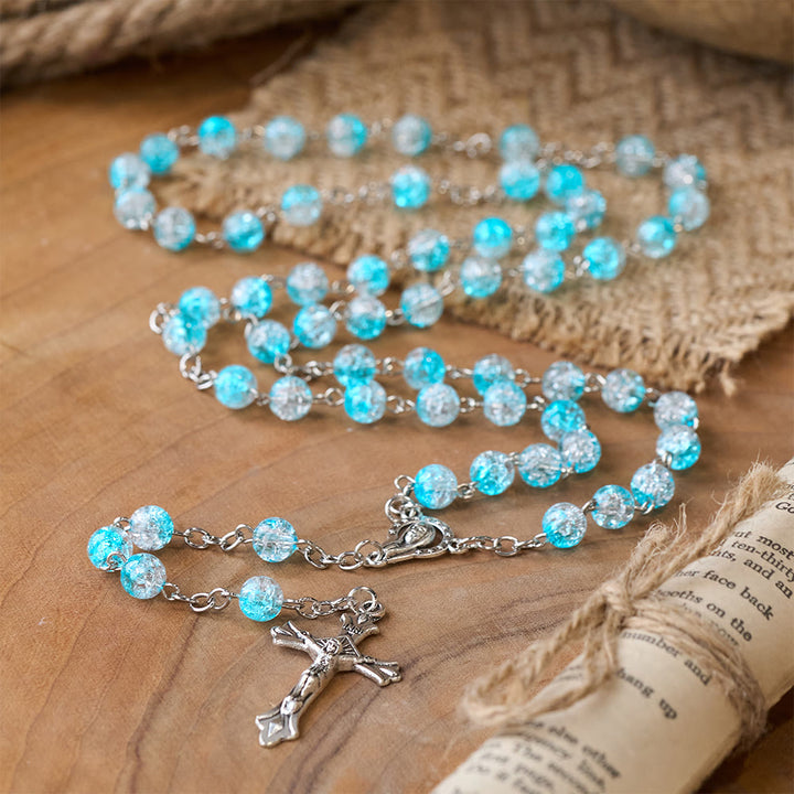 Celestial Blue Glass Beads Rosary with Jesus Heart & Crucifix - image 2
