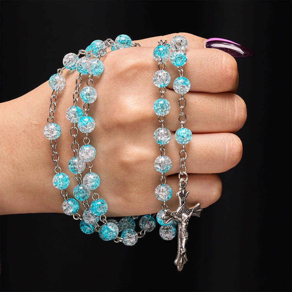 Celestial Blue Glass Beads Rosary with Jesus Heart & Crucifix - image 1