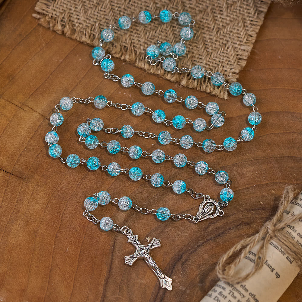 Celestial Blue Glass Beads Rosary with Jesus Heart & Crucifix - image 7