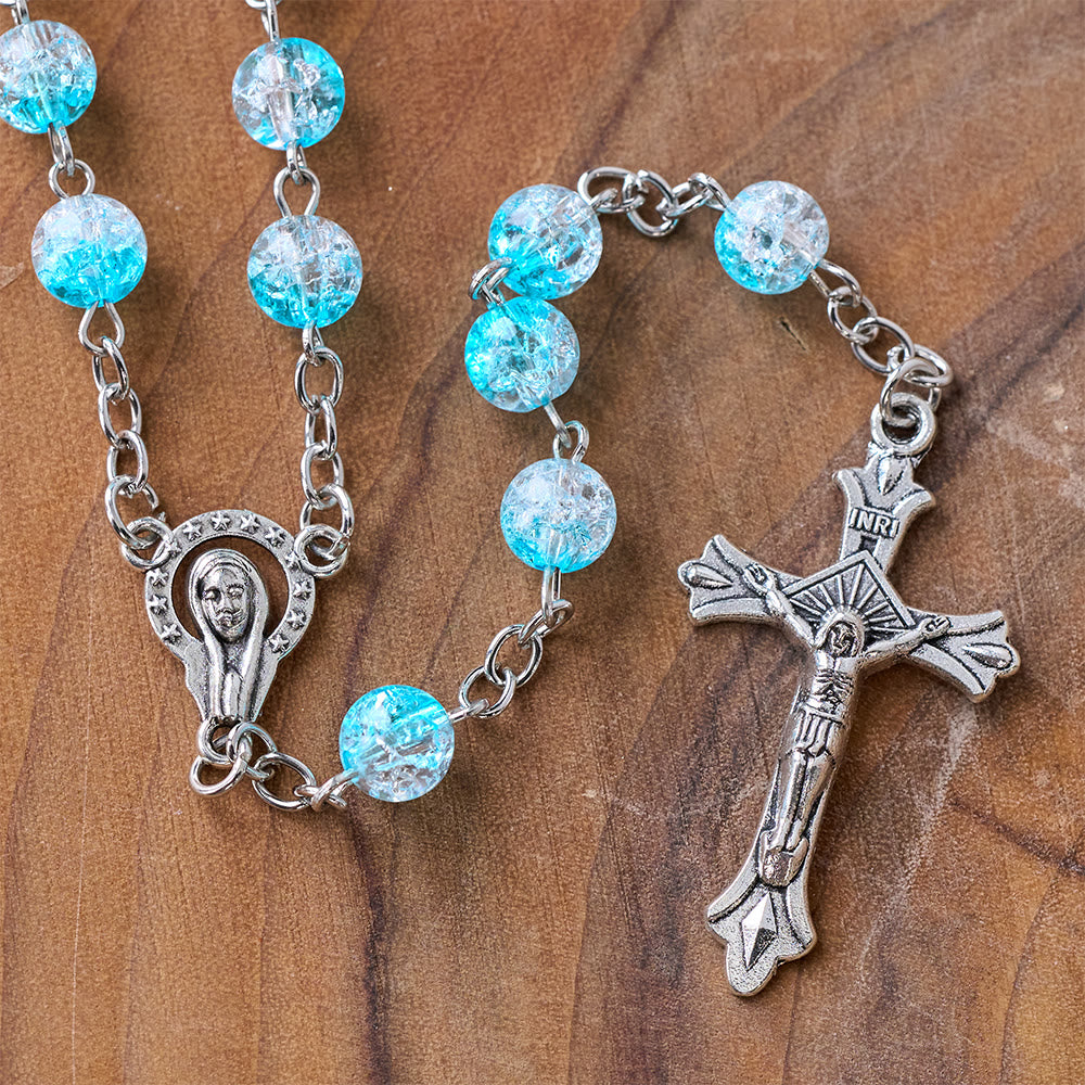Celestial Blue Glass Beads Rosary with Jesus Heart & Crucifix - image 5
