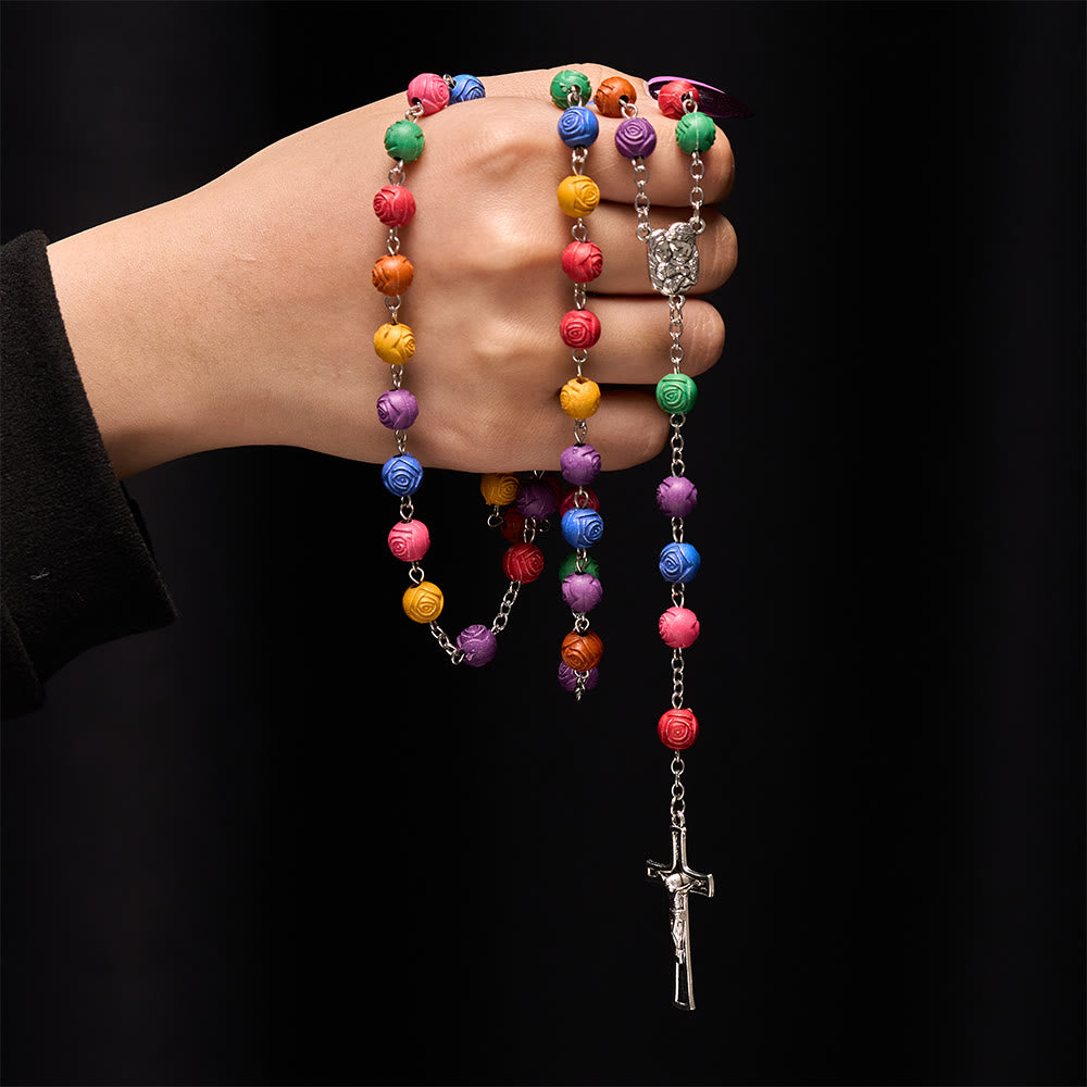 Holy Family Jesus Cross Rose Colored Beads Rosary - image 1