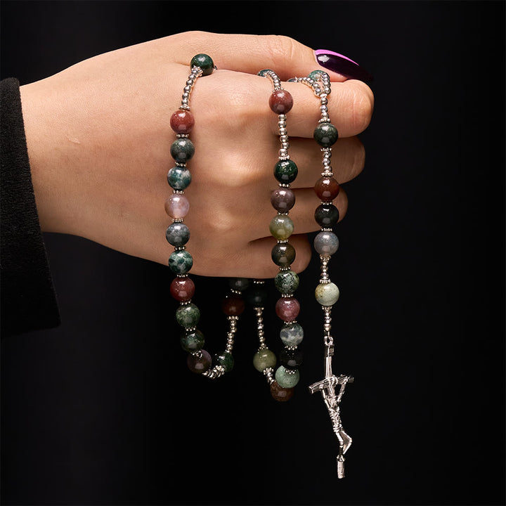 Christ Natural Agate Jesus Cross Prayer Rosary - image 1