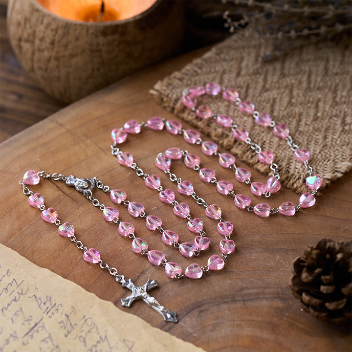Pink Clear Shiny Heart Prayer Rosary - Pink - image 0