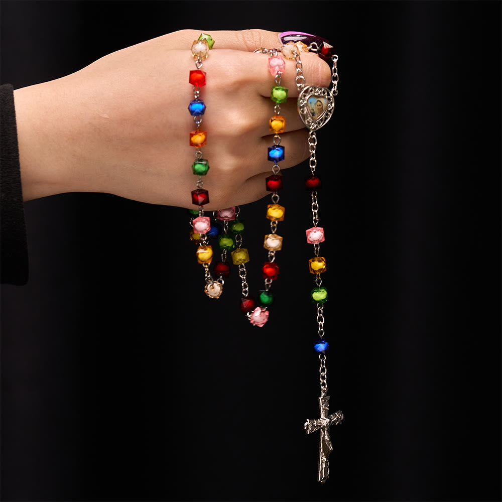 Our Lady of Peace & Crucifix of 8 mm Polyhedron Multicolor Acrylic Alloy Chain Rosary - image 1
