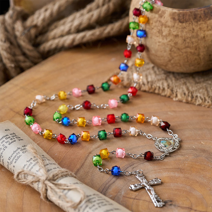 Our Lady of Peace & Crucifix of 8 mm Polyhedron Multicolor Acrylic Alloy Chain Rosary - image 2