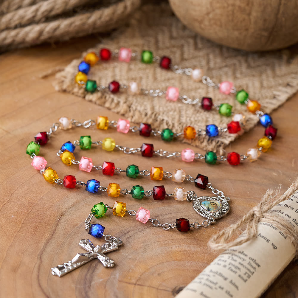 Our Lady of Peace & Crucifix of 8 mm Polyhedron Multicolor Acrylic Alloy Chain Rosary - 🔥3 PCS - image 0
