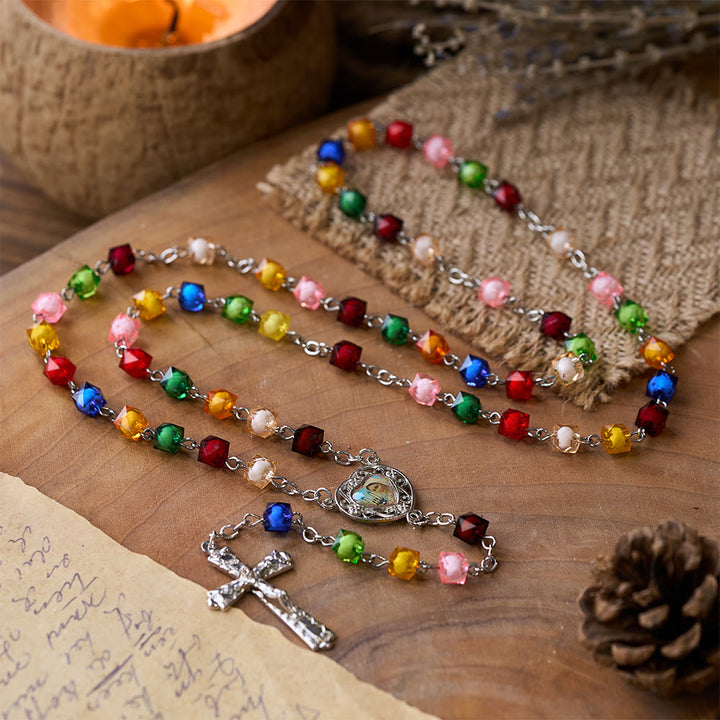 Our Lady of Peace & Crucifix of 8 mm Polyhedron Multicolor Acrylic Alloy Chain Rosary - image 6