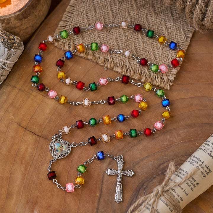 Our Lady of Peace & Crucifix of 8 mm Polyhedron Multicolor Acrylic Alloy Chain Rosary - image 3