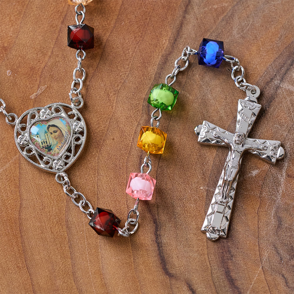Our Lady of Peace & Crucifix of 8 mm Polyhedron Multicolor Acrylic Alloy Chain Rosary - image 4