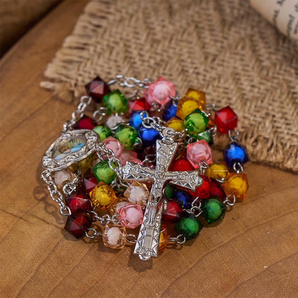 Our Lady of Peace & Crucifix of 8 mm Polyhedron Multicolor Acrylic Alloy Chain Rosary - image 7