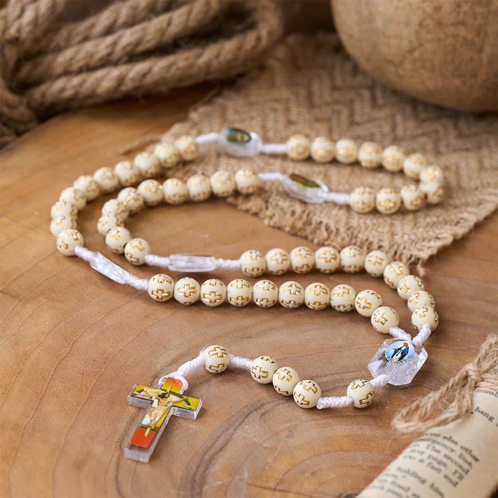 Crucifix of 10 mm Round Multicolor Acrylic Nylon Cord Rosary - Beige - image 1