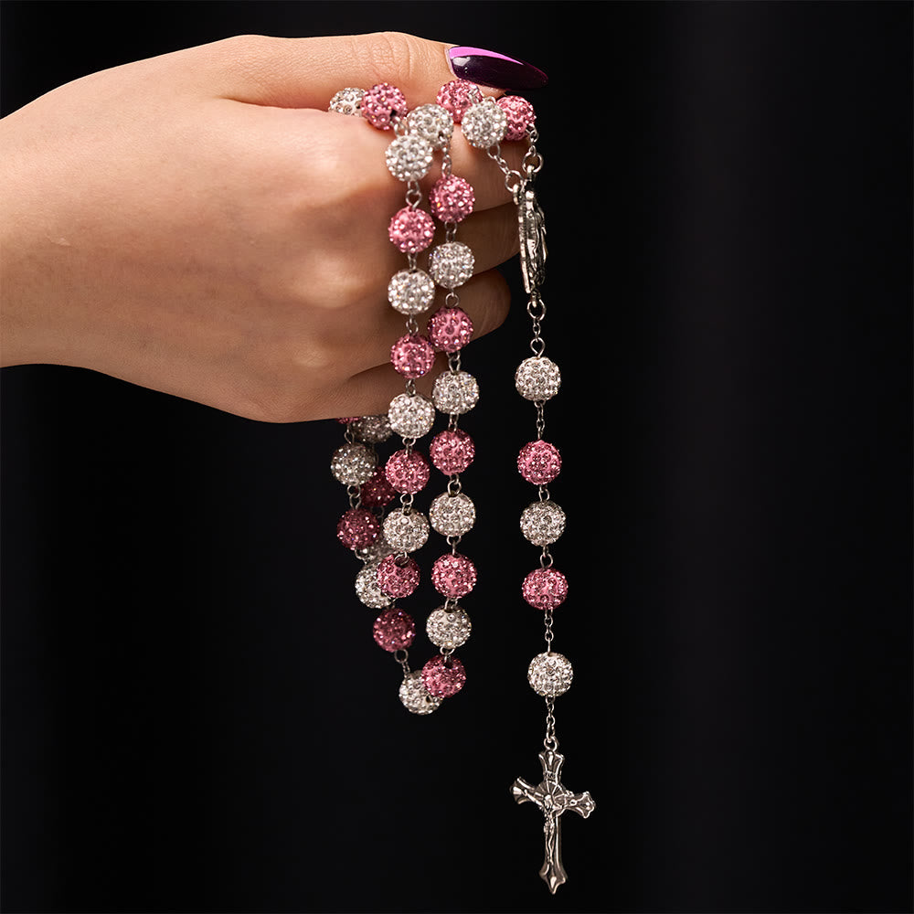 Our Lady of Guadalupe & Crucifix of 10 mm Round Pink White Polymer Clay Alloy Chain Rosary - image 1