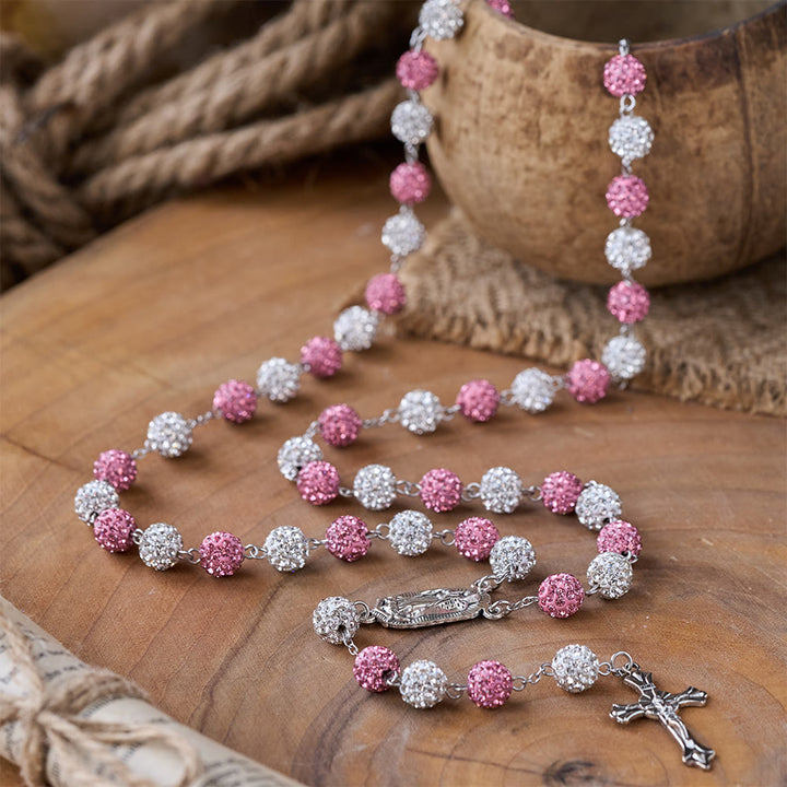 Our Lady of Guadalupe & Crucifix of 10 mm Round Pink White Polymer Clay Alloy Chain Rosary - Pink+White - image 0