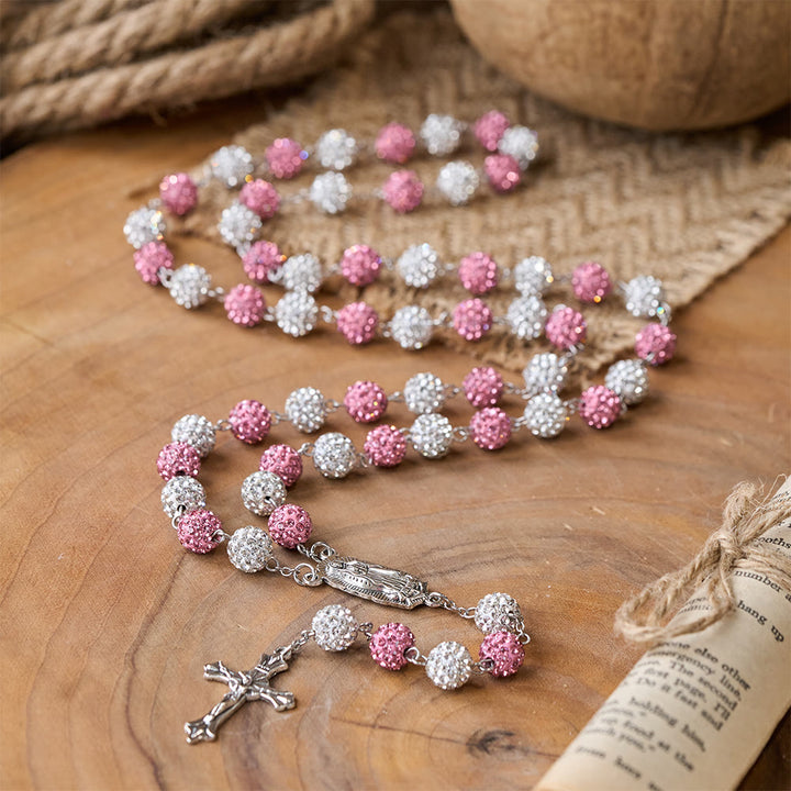 Our Lady of Guadalupe & Crucifix of 10 mm Round Pink White Polymer Clay Alloy Chain Rosary - image 2