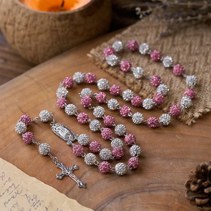 Our Lady of Guadalupe & Crucifix of 10 mm Round Pink White Polymer Clay Alloy Chain Rosary - image 3