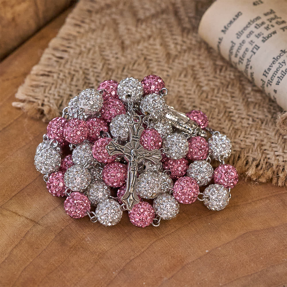 Our Lady of Guadalupe & Crucifix of 10 mm Round Pink White Polymer Clay Alloy Chain Rosary - image 7