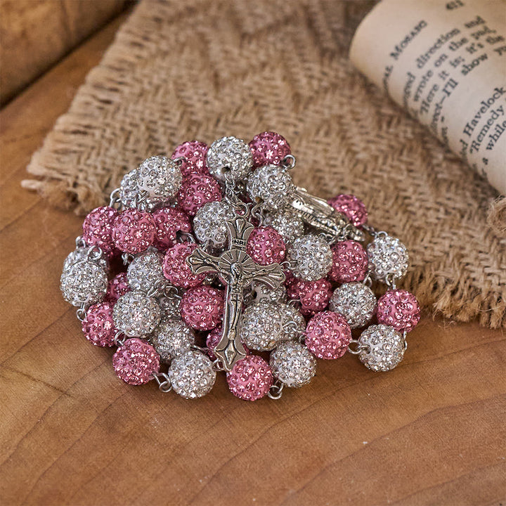 Our Lady of Guadalupe & Crucifix of 10 mm Round Pink White Polymer Clay Alloy Chain Rosary - image 7