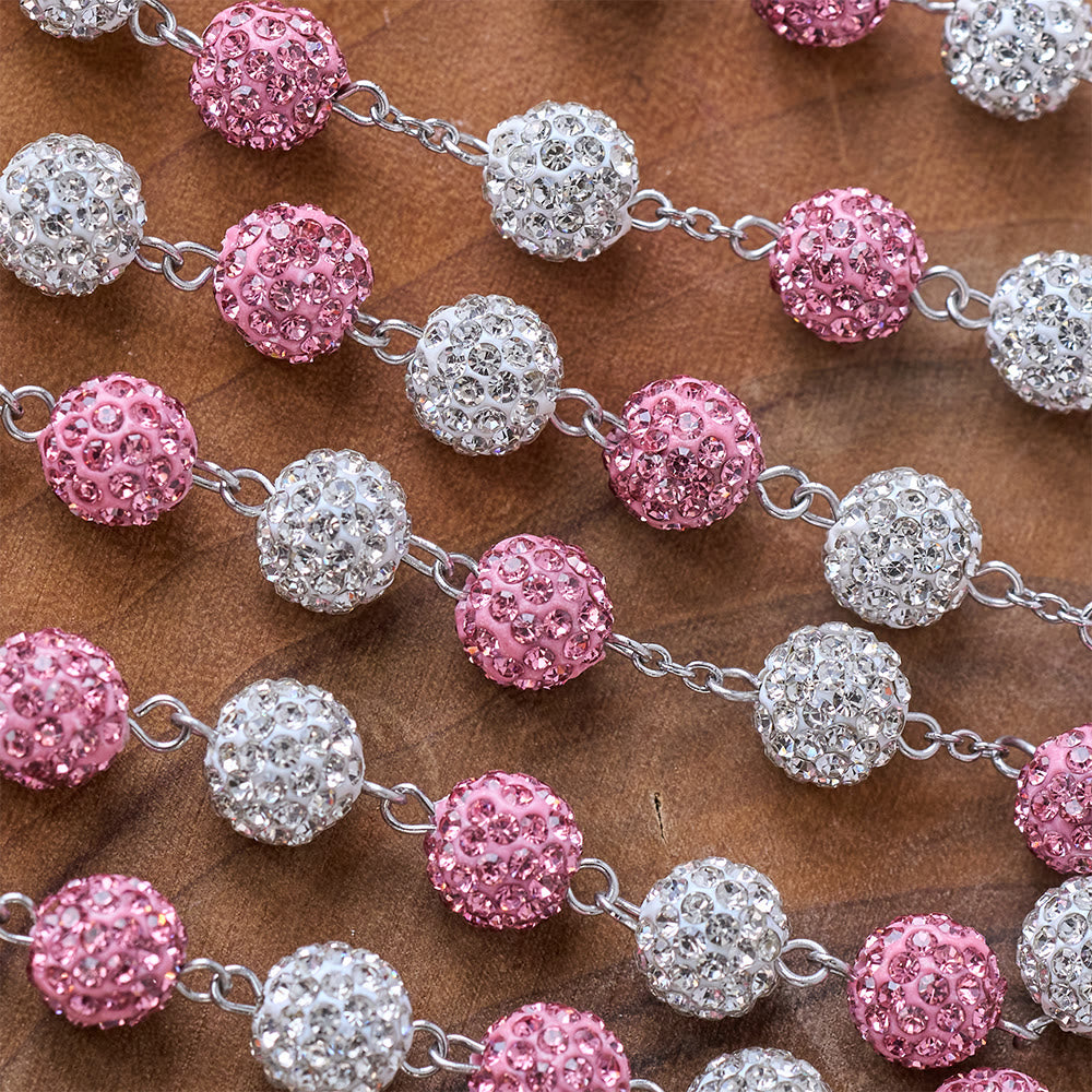 Our Lady of Guadalupe & Crucifix of 10 mm Round Pink White Polymer Clay Alloy Chain Rosary - image 6