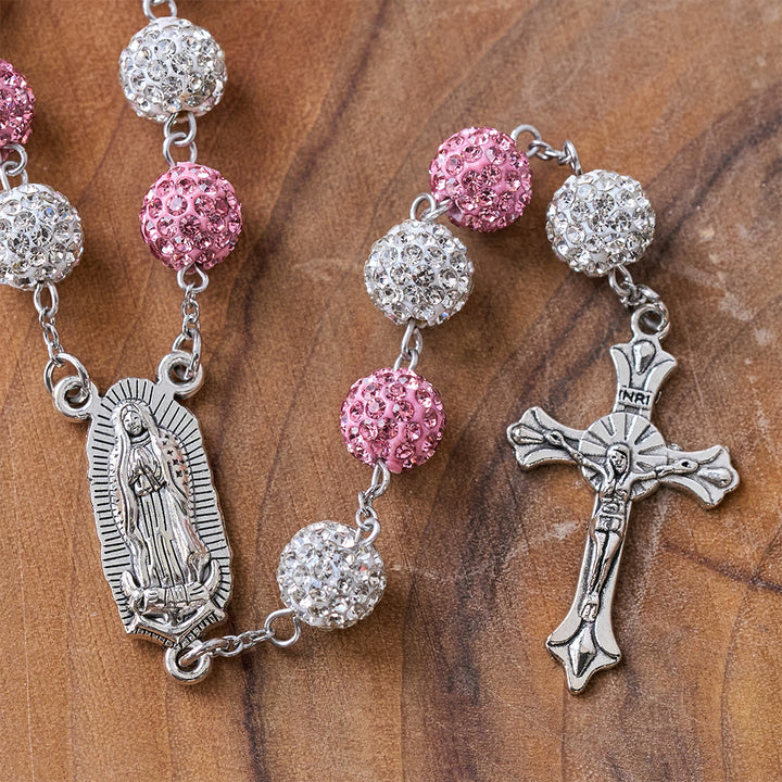 Our Lady of Guadalupe & Crucifix of 10 mm Round Pink White Polymer Clay Alloy Chain Rosary - image 5