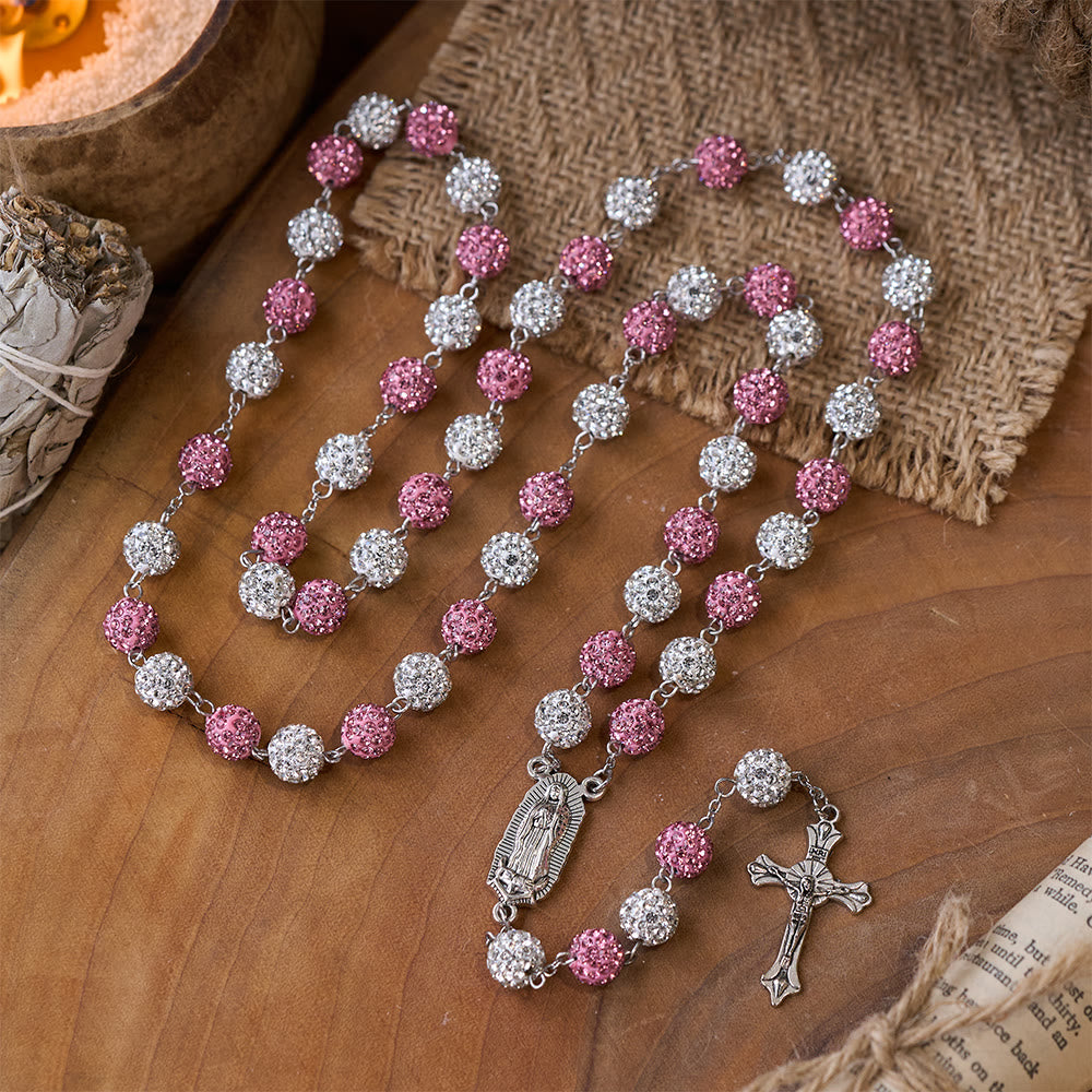 Our Lady of Guadalupe & Crucifix of 10 mm Round Pink White Polymer Clay Alloy Chain Rosary - image 4