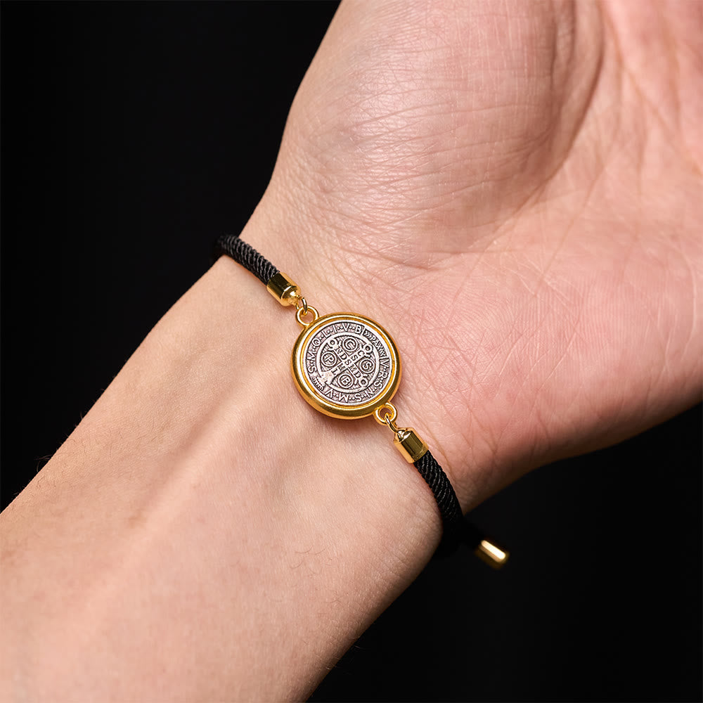 Christianartworkshop St. Benedict Medal Black Rope Cord Adjustable Bracelet - image 1