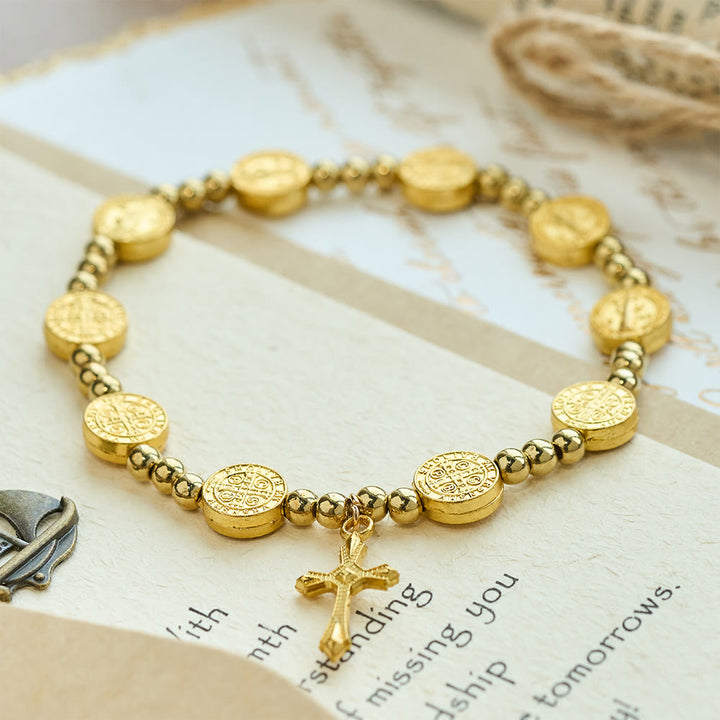 Christianartworkshop Gold-tone St. Benedict Cross Stretch Bracelet - image 5