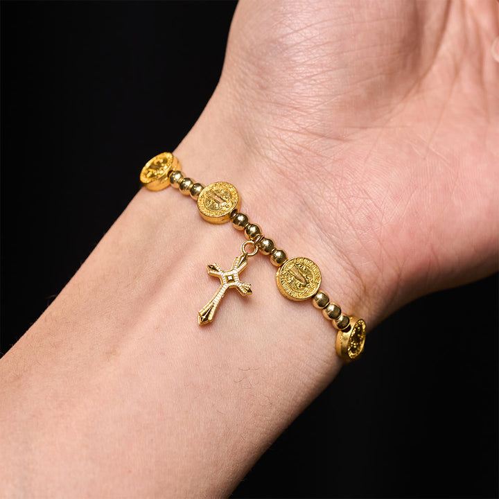 Christianartworkshop Gold-tone St. Benedict Cross Stretch Bracelet - image 1