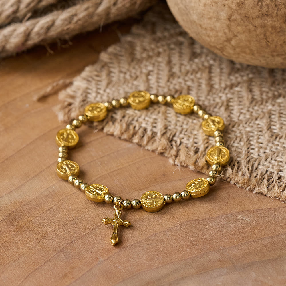 Christianartworkshop Gold-tone St. Benedict Cross Stretch Bracelet - Golden - image 0