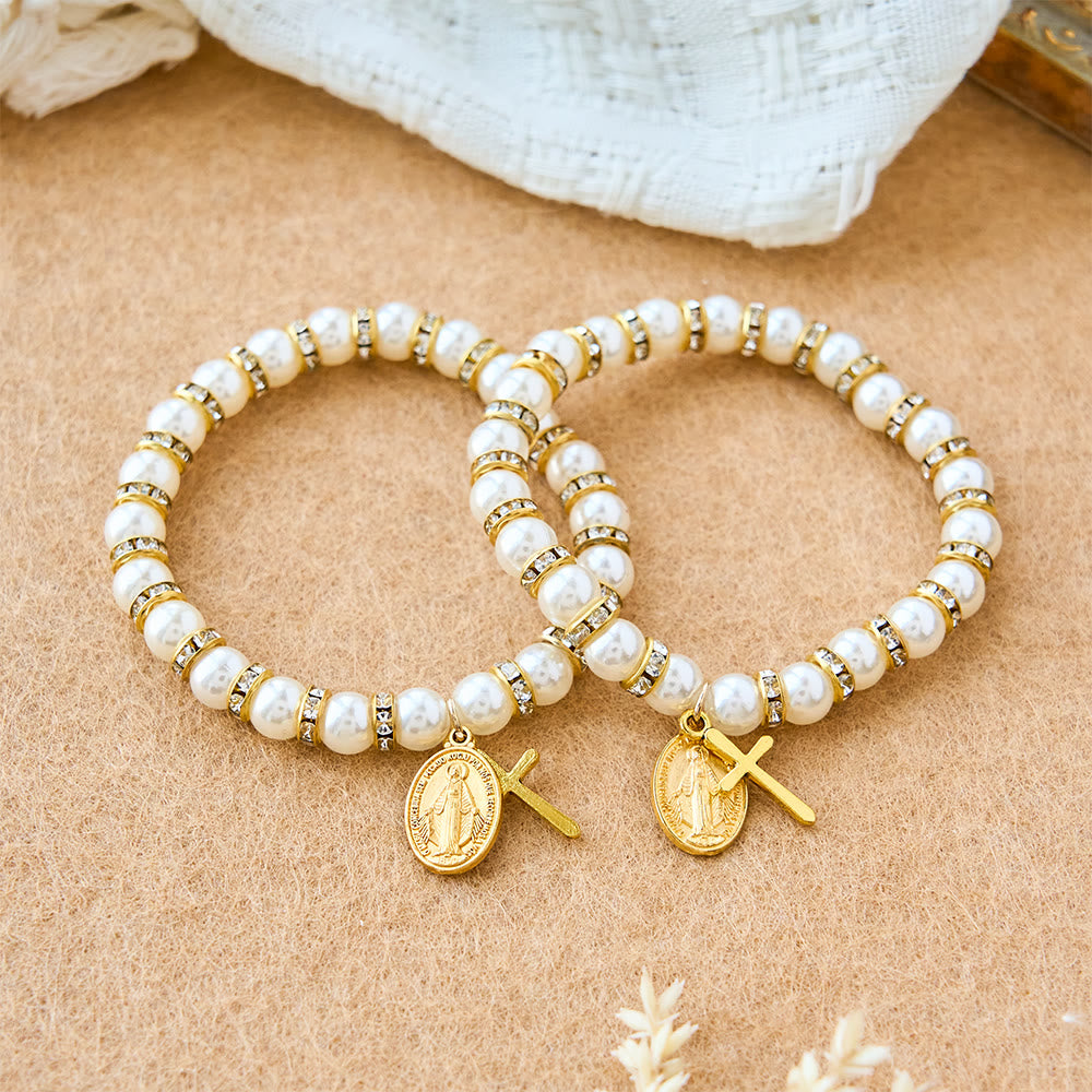 Christianartworkshop Modern Pearl Bracelet with Golden Miraculous Medal & Blessing Card: Opulent Communion - image 4