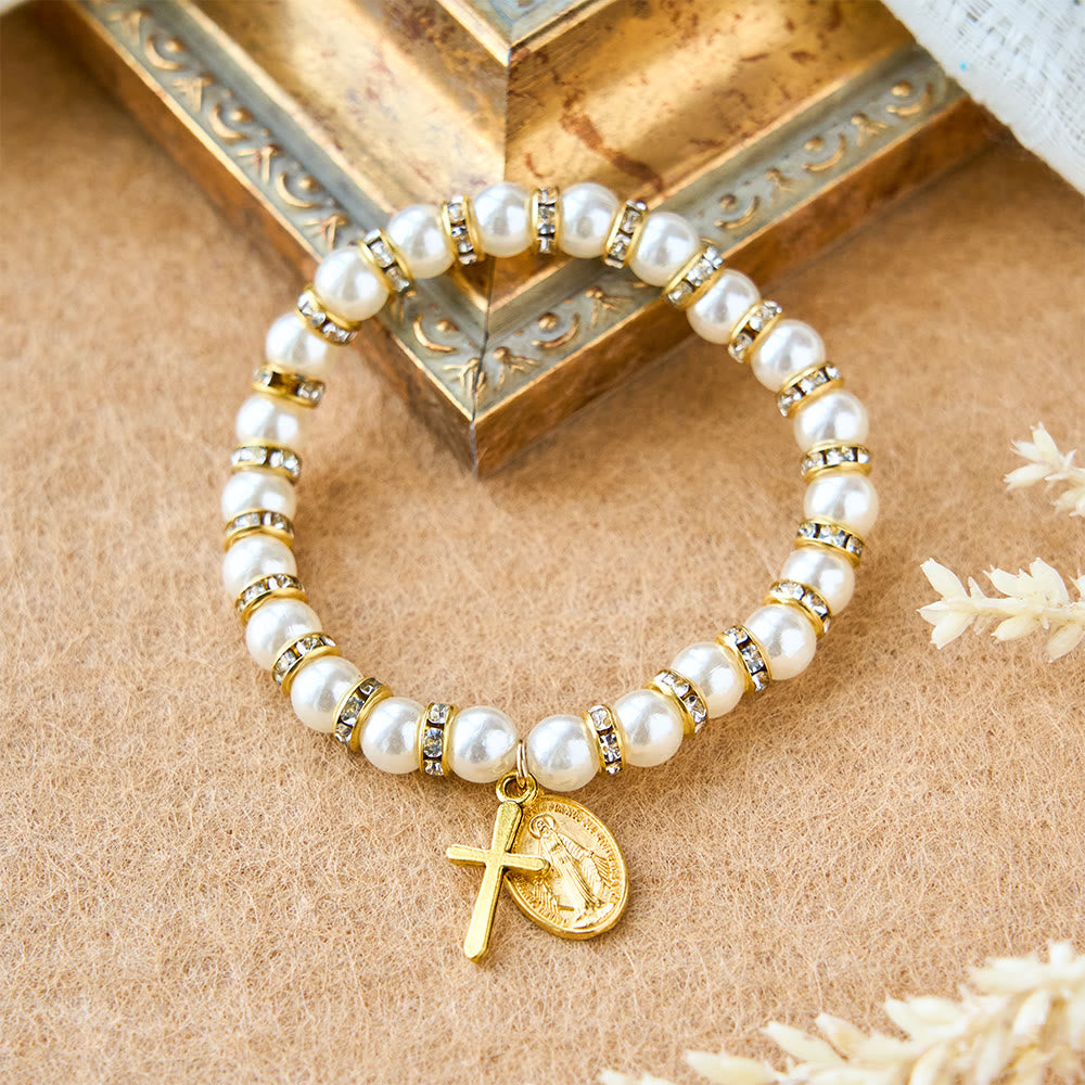 Christianartworkshop Modern Pearl Bracelet with Golden Miraculous Medal & Blessing Card: Opulent Communion - image 5