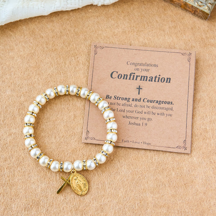 Christianartworkshop Modern Pearl Bracelet with Golden Miraculous Medal & Blessing Card: Opulent Communion - Confirmation - image 0