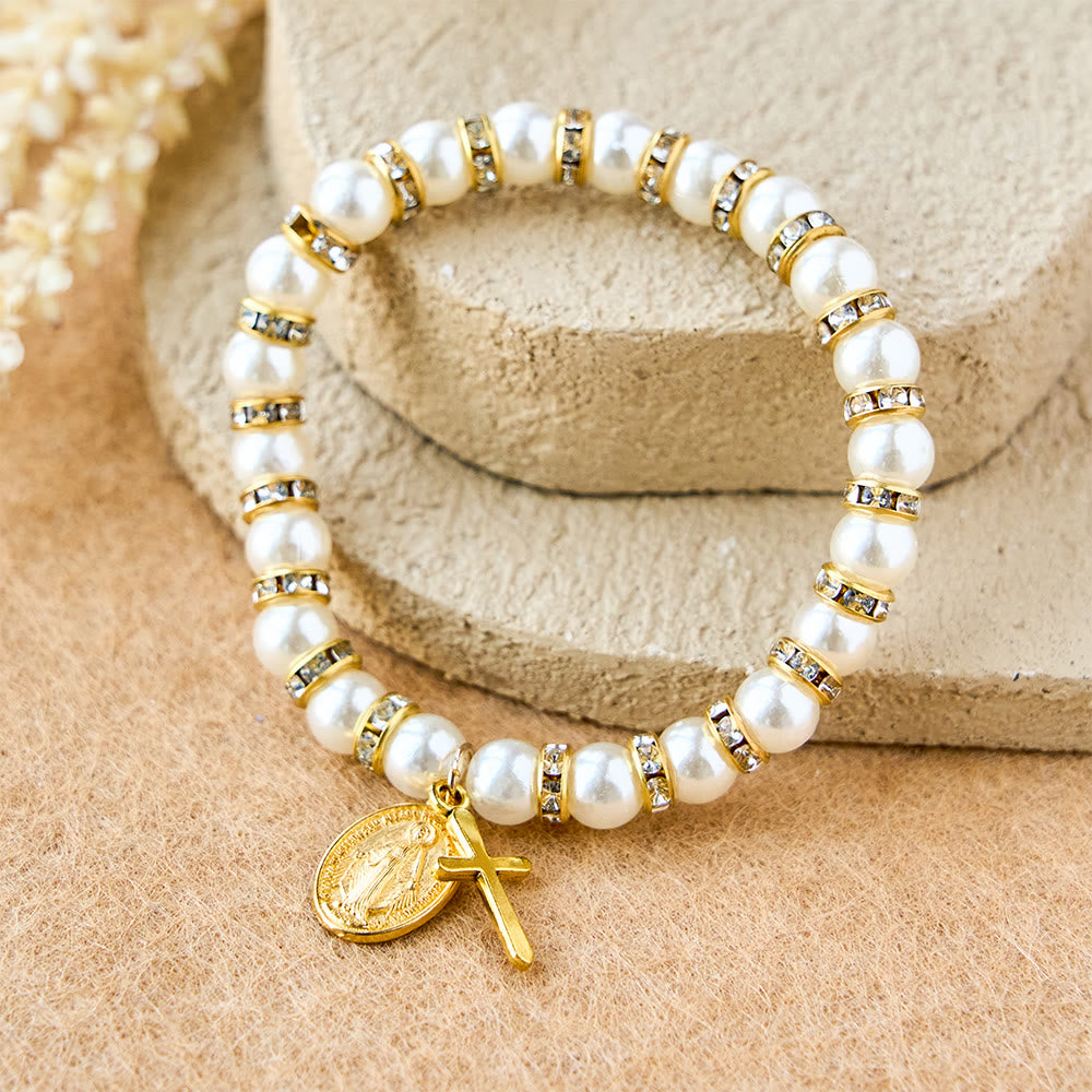 Christianartworkshop Modern Pearl Bracelet with Golden Miraculous Medal & Blessing Card: Opulent Communion - image 7