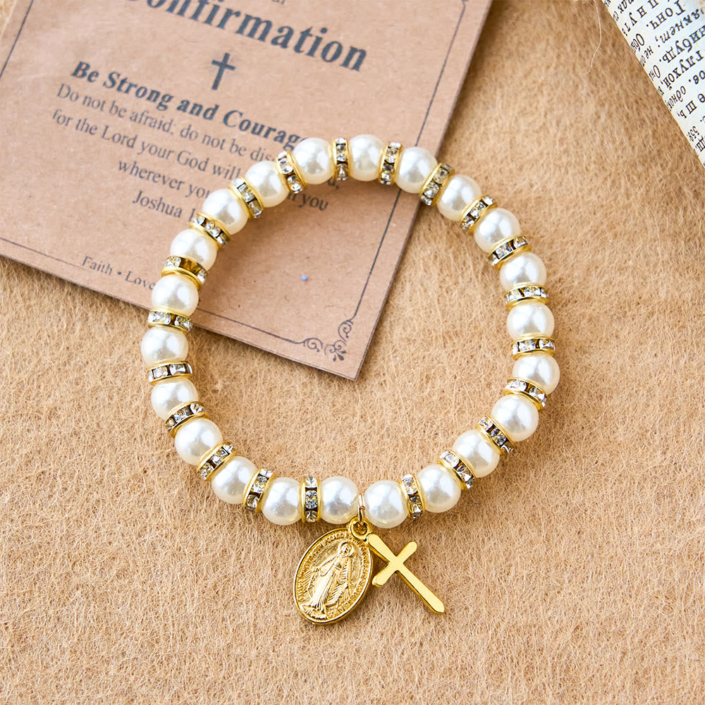 Christianartworkshop Modern Pearl Bracelet with Golden Miraculous Medal & Blessing Card: Opulent Communion - image 3