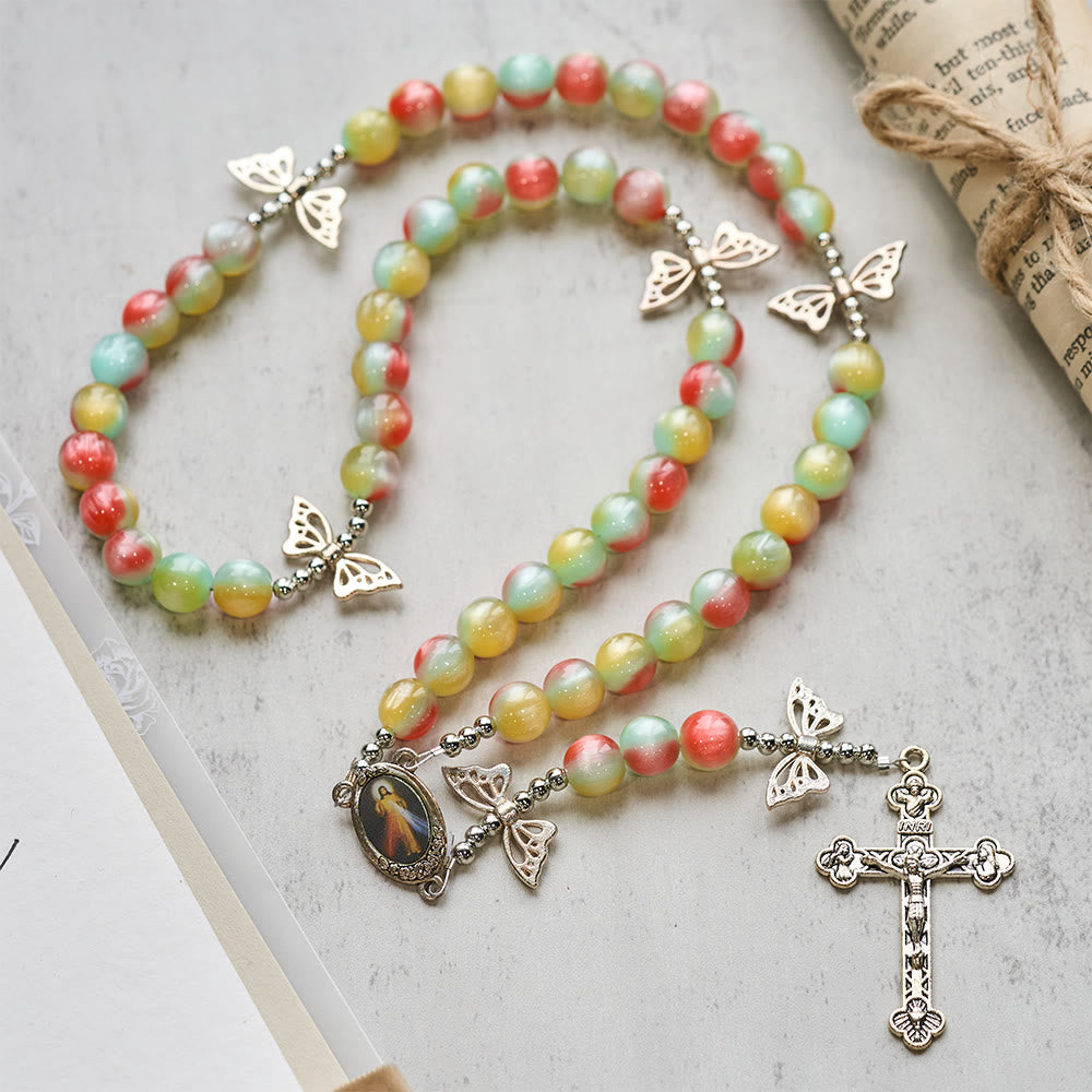 Christianartworkshop Tri-Color Fantasy Rosary with Whimsical Butterfly Wing Accents & Divine Mercy Devotion - image 2