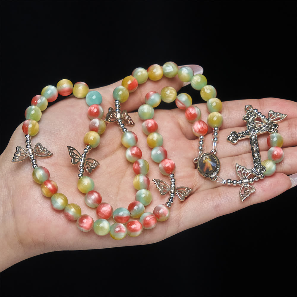 Christianartworkshop Tri-Color Fantasy Rosary with Whimsical Butterfly Wing Accents & Divine Mercy Devotion - image 1