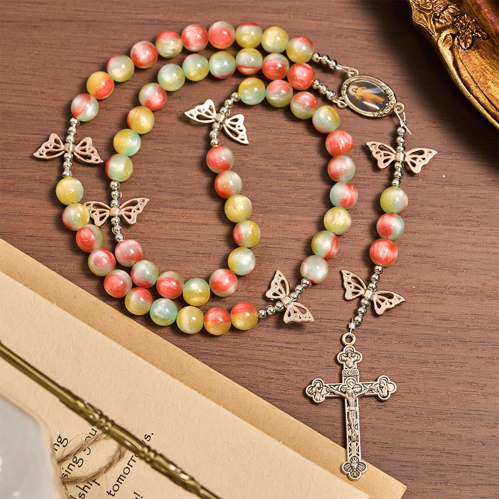Christianartworkshop Tri-Color Fantasy Rosary with Whimsical Butterfly Wing Accents & Divine Mercy Devotion - image 3