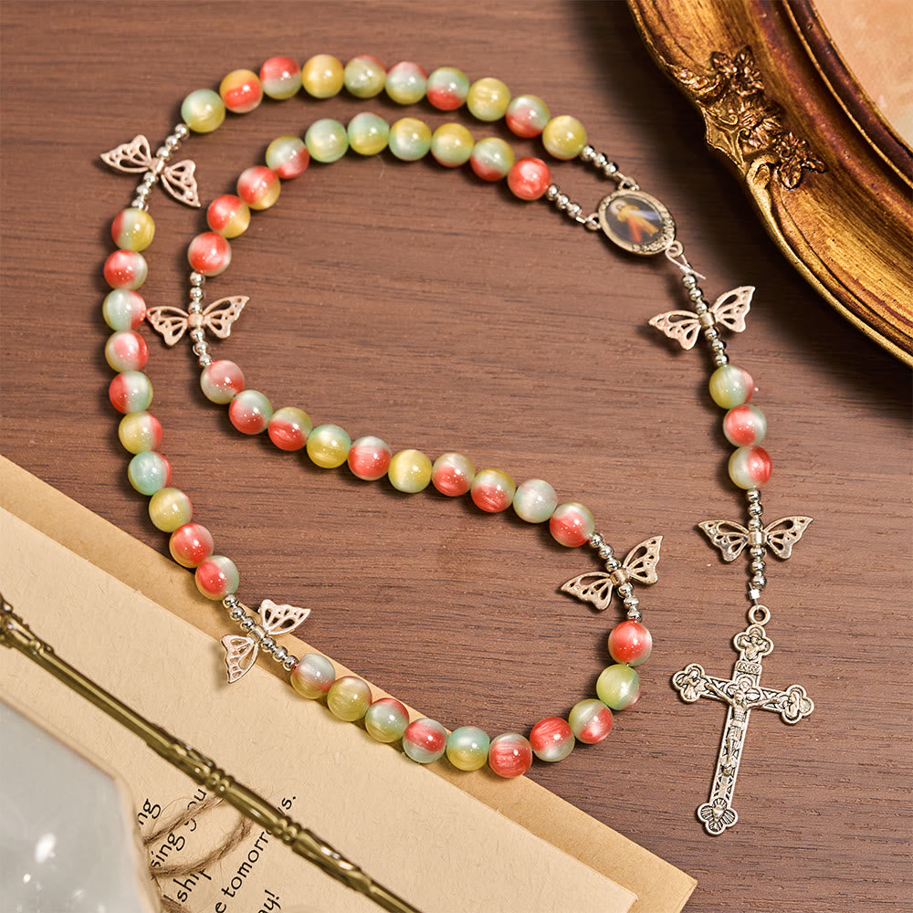 Christianartworkshop Tri-Color Fantasy Rosary with Whimsical Butterfly Wing Accents & Divine Mercy Devotion - image 4