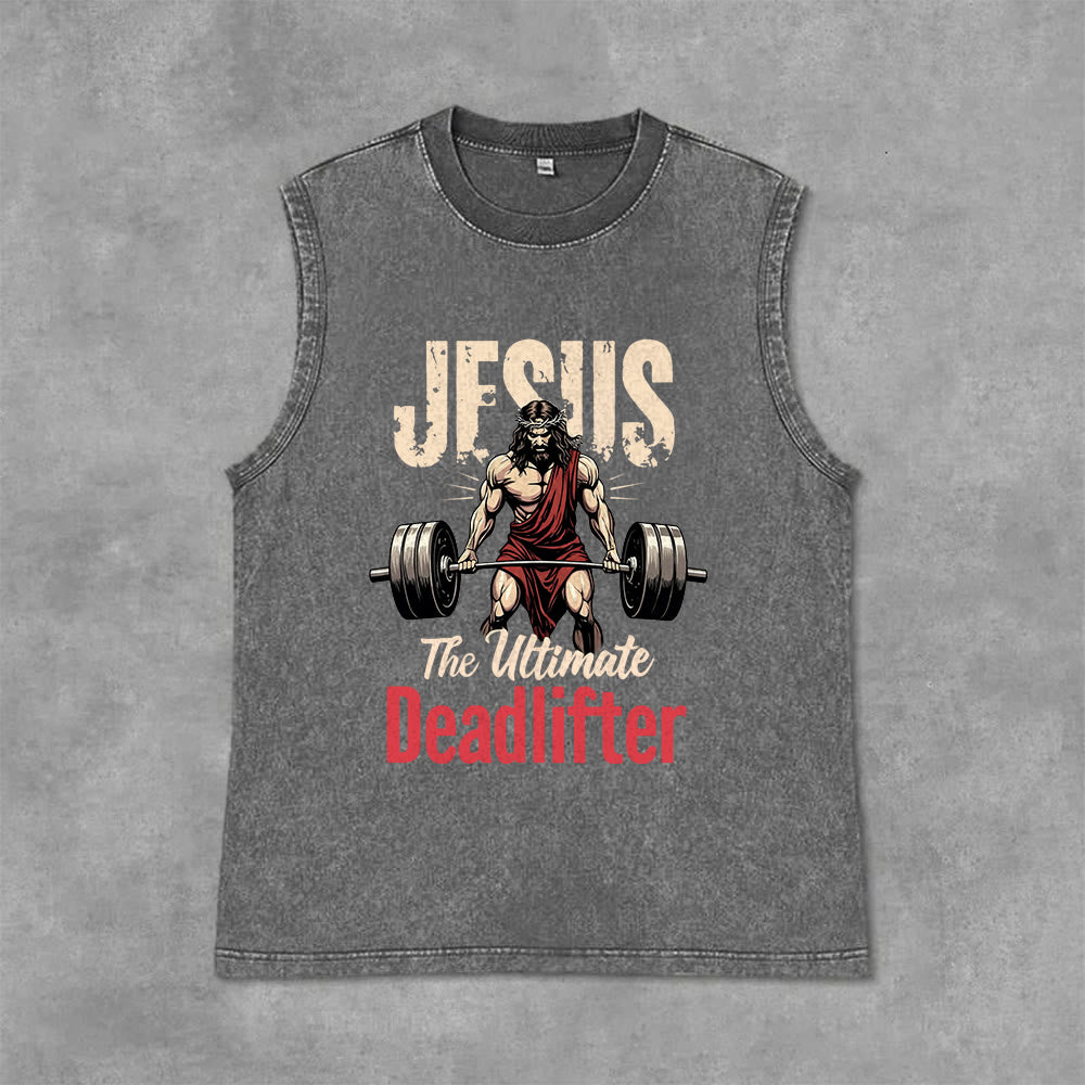 Christianartworkshop Jesus The Ultimate Deadlifter Unisex Washed Tank Top - Grey - 2XL - image 10