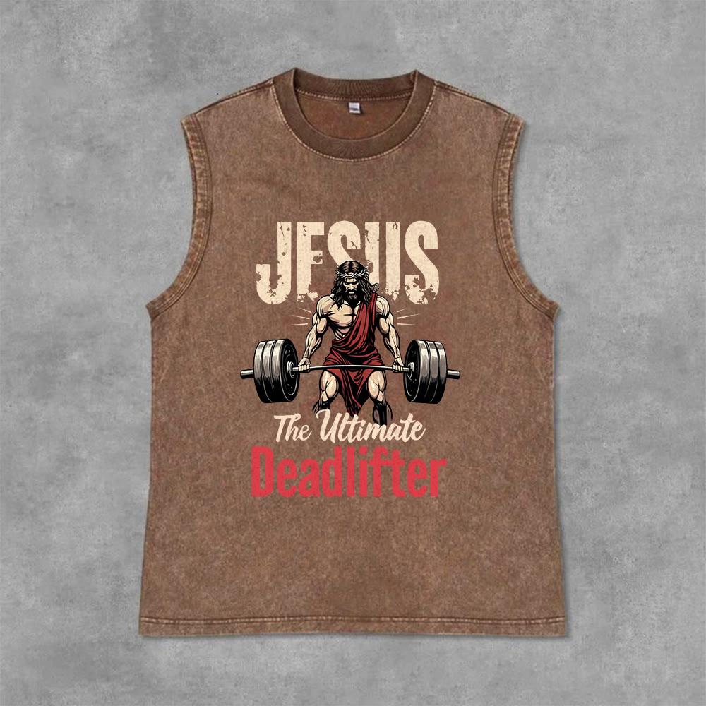 Christianartworkshop Jesus The Ultimate Deadlifter Unisex Washed Tank Top - Brown - 2XL - image 13