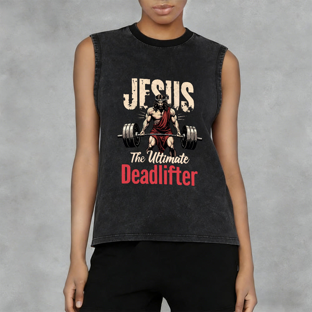 Christianartworkshop Jesus The Ultimate Deadlifter Unisex Washed Tank Top - image 3