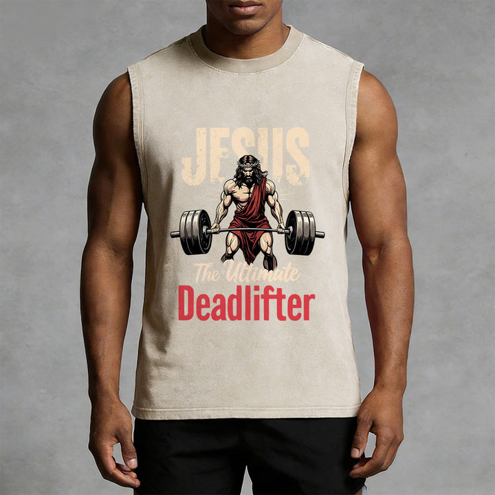 Christianartworkshop Jesus The Ultimate Deadlifter Unisex Washed Tank Top - image 5