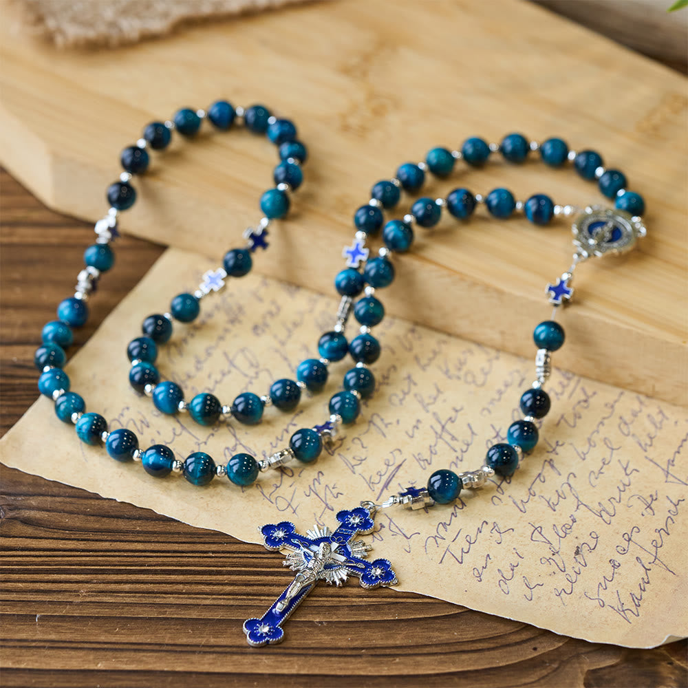 Christianartworkshop Shimmering Blue Tiger Eye Rosary with Enamel Cross for Prayerful Reflection - Our Lady Rosary - image 0